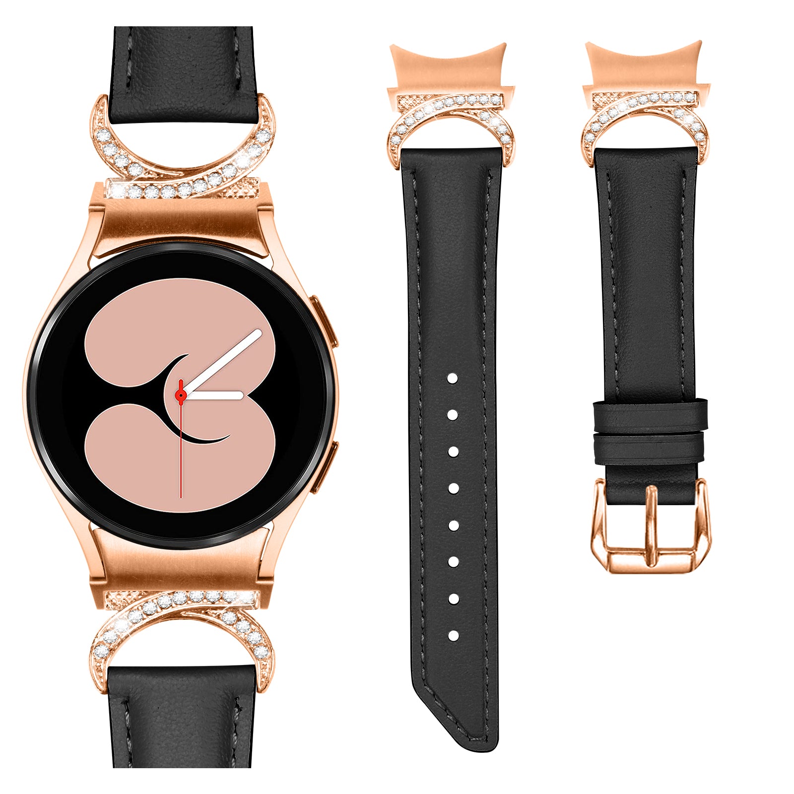 For Samsung Galaxy Watch6 40mm 44mm Watch6 Classic 43mm 47mm Watch 5 40mm 44mm Watch4 40mm 44mm Rhinestone D-shape Connector Wrist Band Adjustable Split Leather Strap with Rose Gold Buckle For Samsung Galaxy Watch6 40mm 44mm Watch6 Classic 43mm 47mm Watch 5 40mm 44mm Watch4 40mm 44mm Rhinestone D-shape Connector Wrist Band Adjustable Split Leather Strap with Rose Gold Buckle